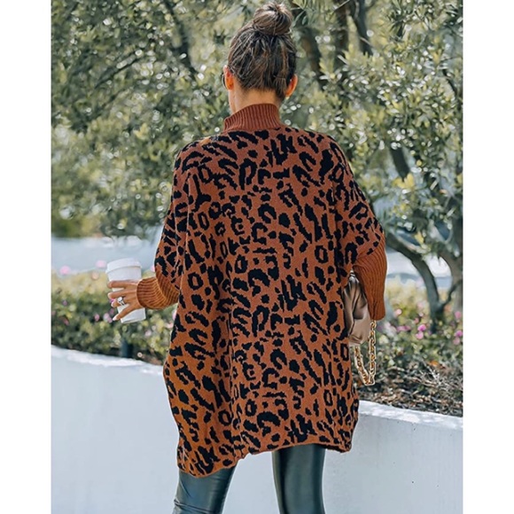 Women's Casual Turtleneck Sweaters Ribbed Long Batwing Sleeve Leopard - Picture 3 of 4
